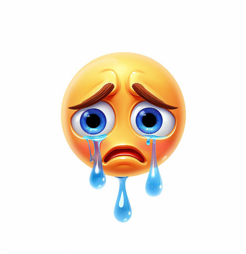 Crying face with blue tears and red nose trail on white background