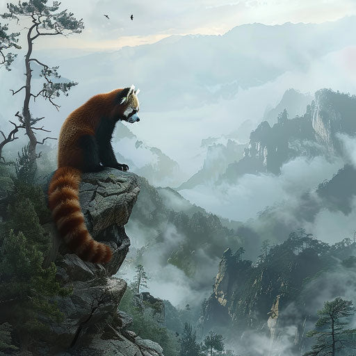 Red panda perched on a rocky outcrop overlooking misty valley