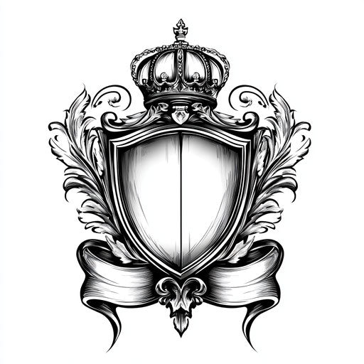 Sketch of royal tattoo with heraldic shield and ornate borders