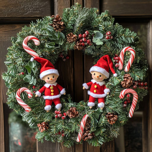 Whimsical wreath with small elves and candy canes peeking out