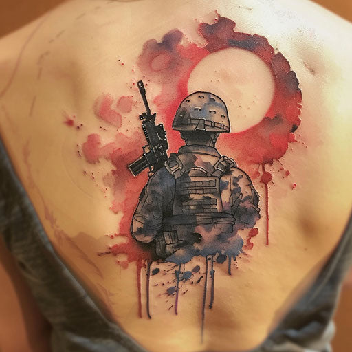 Artistic tattoo of a soldier's silhouette against a sunset