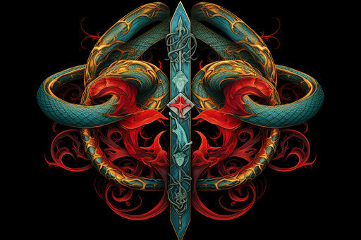 Crossed swords with snake, colorful fantasy tattoo