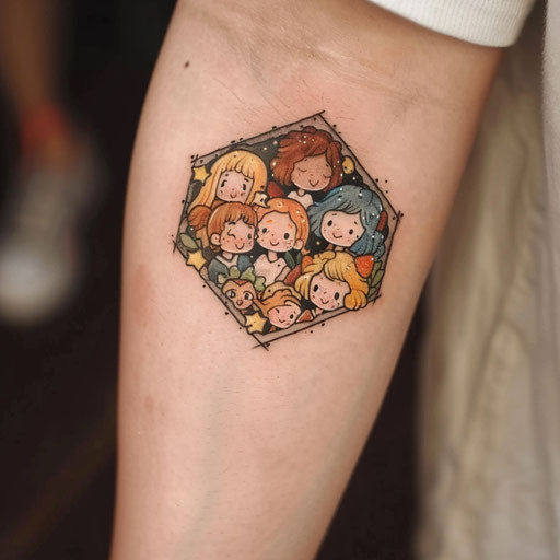 Charming flat tattoo sketch of a hexagon with cute cartoon characters inside