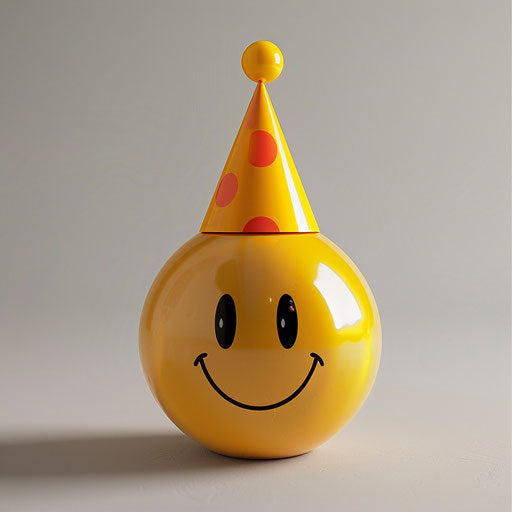 Smiling emoticon blowing into party hat