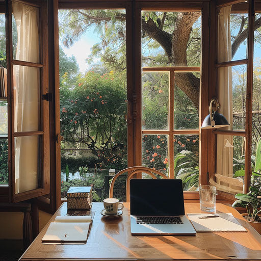 Cozy home office with laptop and coffee