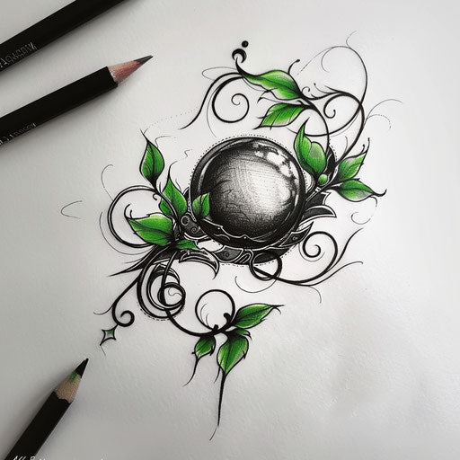 Nature-inspired flat tattoo sketch of a black pearl with green leaves and vines