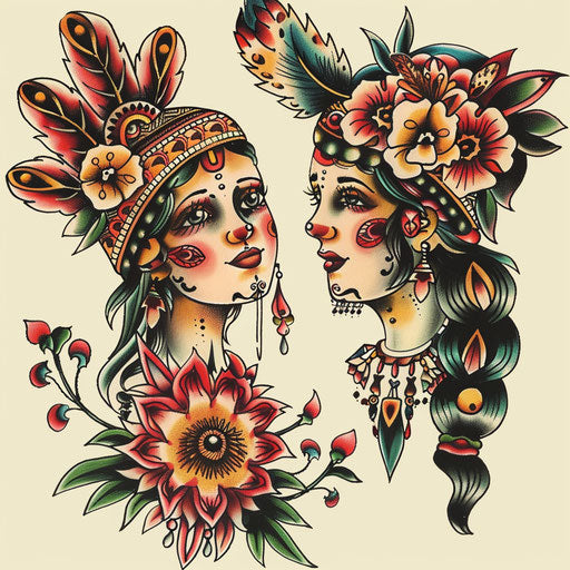 Colorful sister tattoos with traditional Americana themes