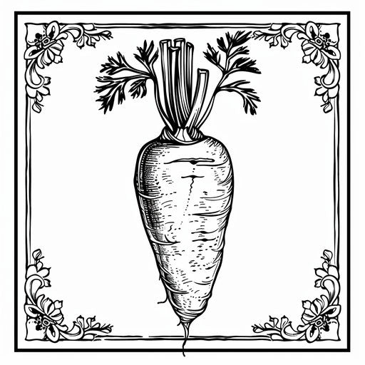 Simple and bold outline of a carrot with a decorative border. Coloring book page