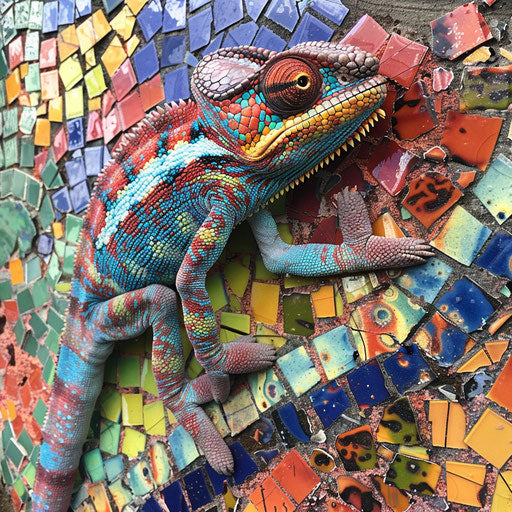 A chameleon camouflaging in a vibrant mosaic wall