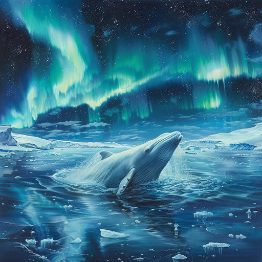 Beluga whale in icy waters with Northern Lights