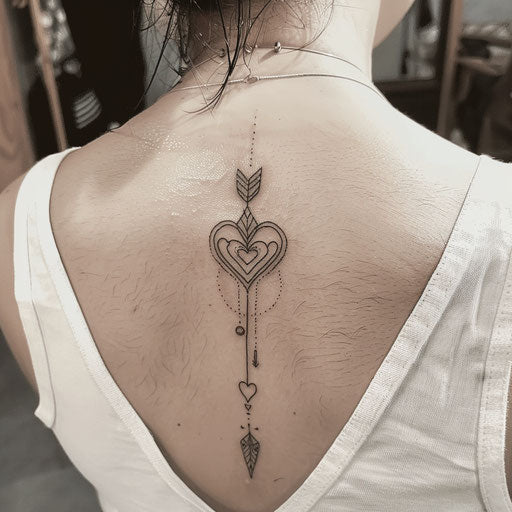 Arrow tattoo with heart at center on white canvas