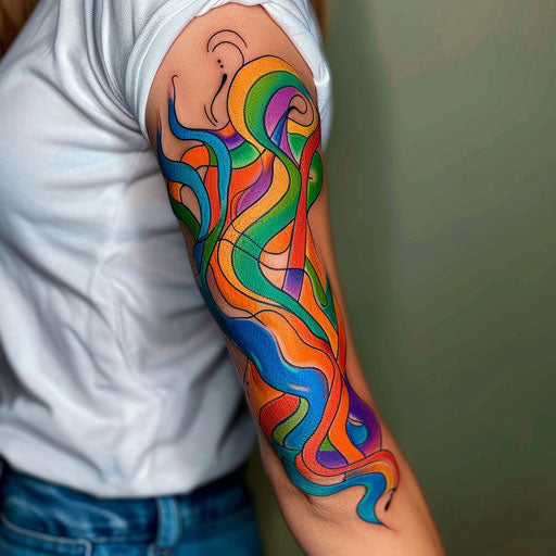 Forearm tattoos for women in the style of Guy Aitchison with vibrant abstract patterns