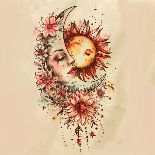 Enchanting tattoo sketch of a sun and moon with floral motifs, soft watercolor effect