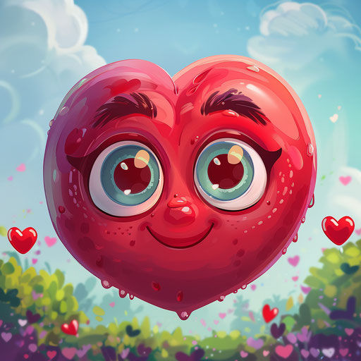 Cartoon character drawing of red heart with shiny eyes and smile