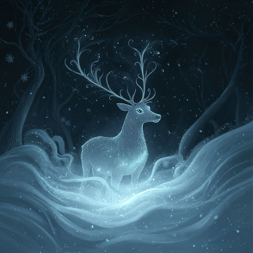 Mystical reindeer glowing in swirling snow