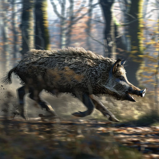 Wild boar in action, running in the woods