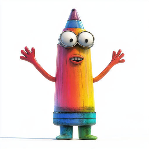 Humorous caricature of a crayon caricature with human characteristics, exaggerated thin lips, long arms, miniature, vibrant colors, cartoon style, waving, high-resolution, no background, isolated