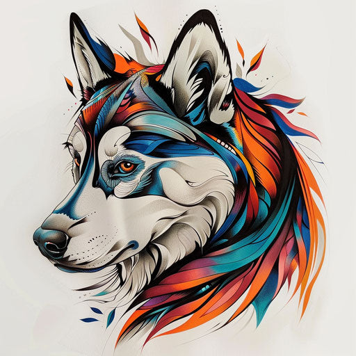 Neo-traditional flat tattoo sketch of a husky with vibrant tribal markings