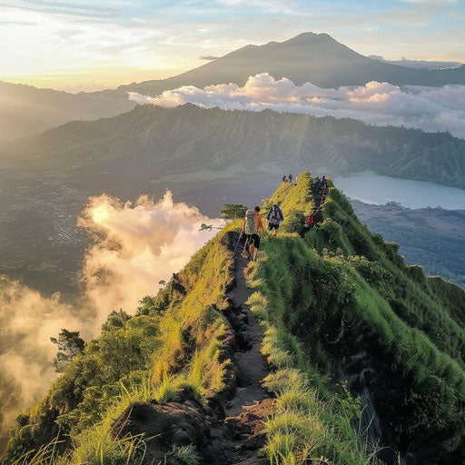 Hikers climbing Mount Batur with panoramic view of Bali