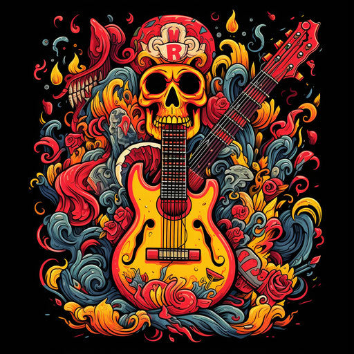 Skull, guitar and flame: bold typography, whimsical cartoon, radical rollerwave, detailed miniatures, wild and daring, rtx on