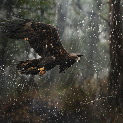The fierce focus of an eagle hunting in heavy rain