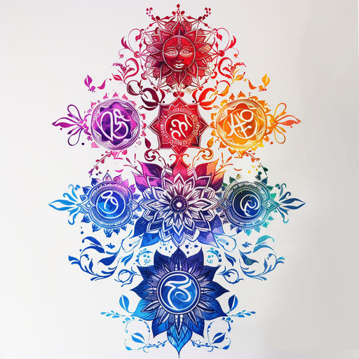 Illustration of tattoo with seven aligned chakras, vibrant colors and traditional symbols on white background