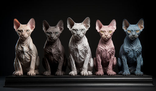 Sphynx cat, light purple and light black style, dark silver and dark brown, explosive pigmentation, dark indigo and light beige, meticulous detailing, light pink and dark green, light bronze and dark blue 12:7