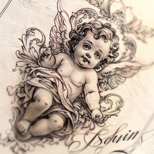 Cherub tattoo design blending art nouveau on white canvas