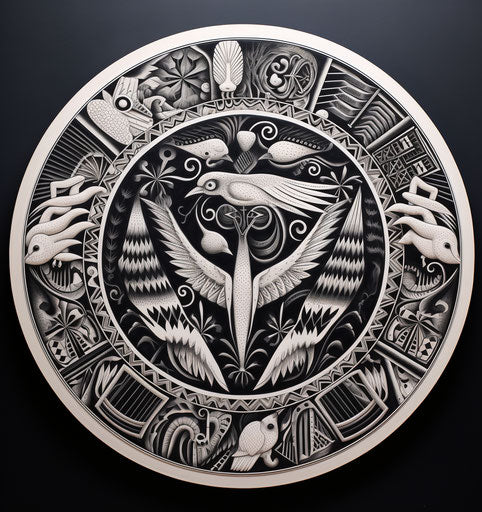 Black and white drawing of round shape with exotic design