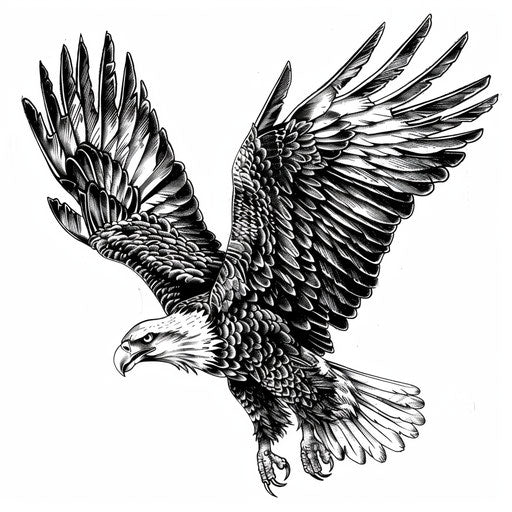 Detailed illustration of an eagle in flight, tattoo design, white background