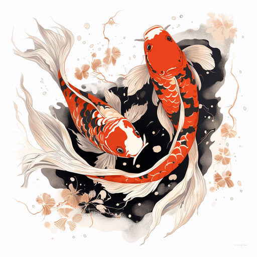 Two orange koi fish in black and white, maroon and red style