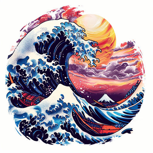 Japanese wave in pixel art reimagined in colorful clipart
