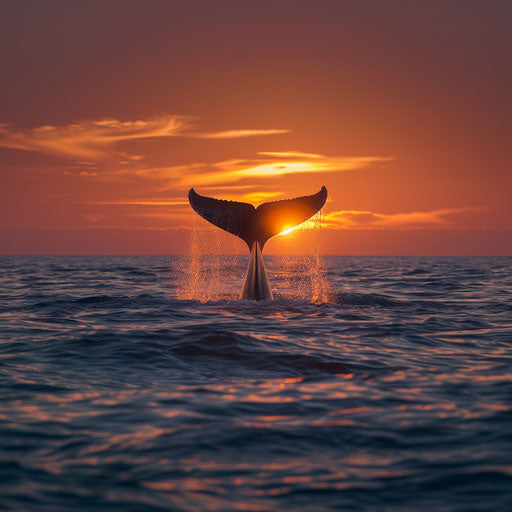 Whale's tail fluke disappearing into the ocean at sunset