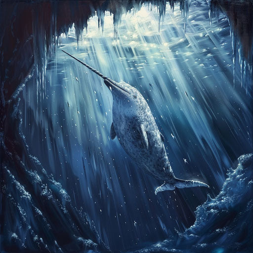 A narwhal emerging from the icy depths, framed by shimmering ice, in the style of Aaron Blaise