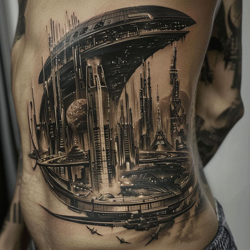 Realism tattoos of a futuristic cityscape