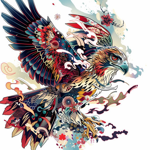 Japanese hawk tattoo in Irezumi style on white background