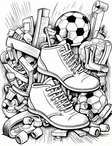 Soccer shoes coloring page, Jim Lively style, playful scenes