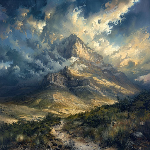 Guadalupe Peak with a turbulent sky, in the style of Andreas Achenbach