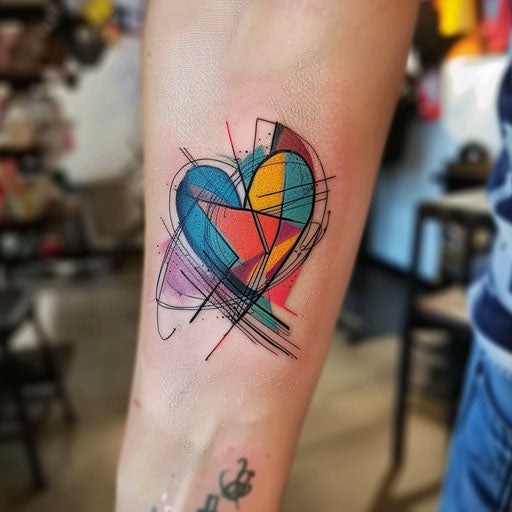 Sketch of a geometric abstract heart tattoo with vibrant colors for women's wrist coverup tattoo