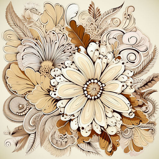 Flowers and leaves on beige background, graphic contours style