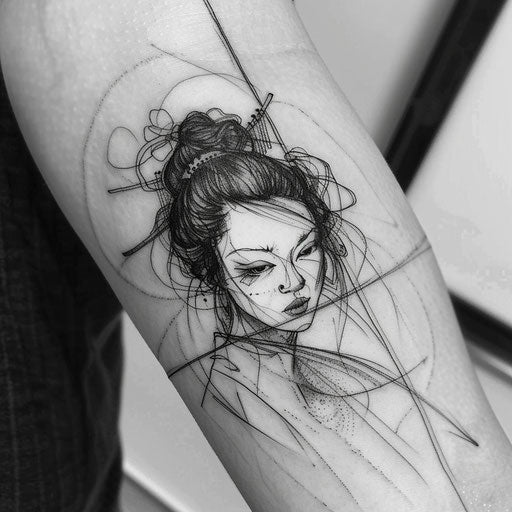 Geisha tattoo in sketch style with detailed line work