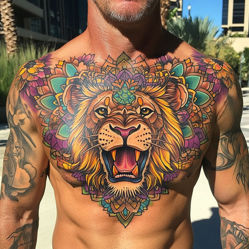 Lion chest tattoo with mandala pattern