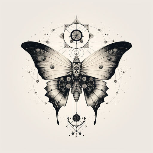 Black and white moth symbol, geometry-inspired mystic visionary