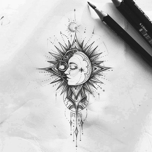 Artistic tattoo sketch of a rising sun with tribal patterns