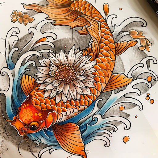 Traditional Japanese style tattoo sketch of an aster flower with waves and koi fish elements