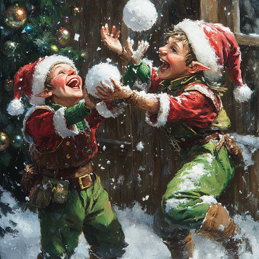 Snowball fight between two cheerful elves