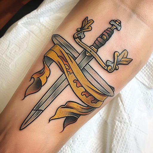 Neo-traditional tattoo: crossed swords in a banner