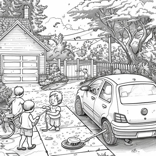 Children washing a sunny car, playful scene