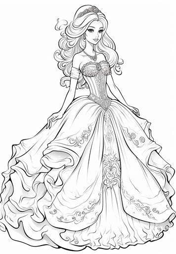 Barbie princess dress coloring pages, gothic dark and ornate style