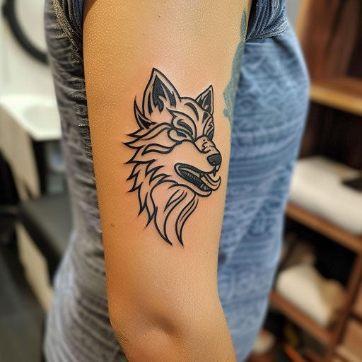 Tribal wolf tattoo on elbow in Glenn Fabry style